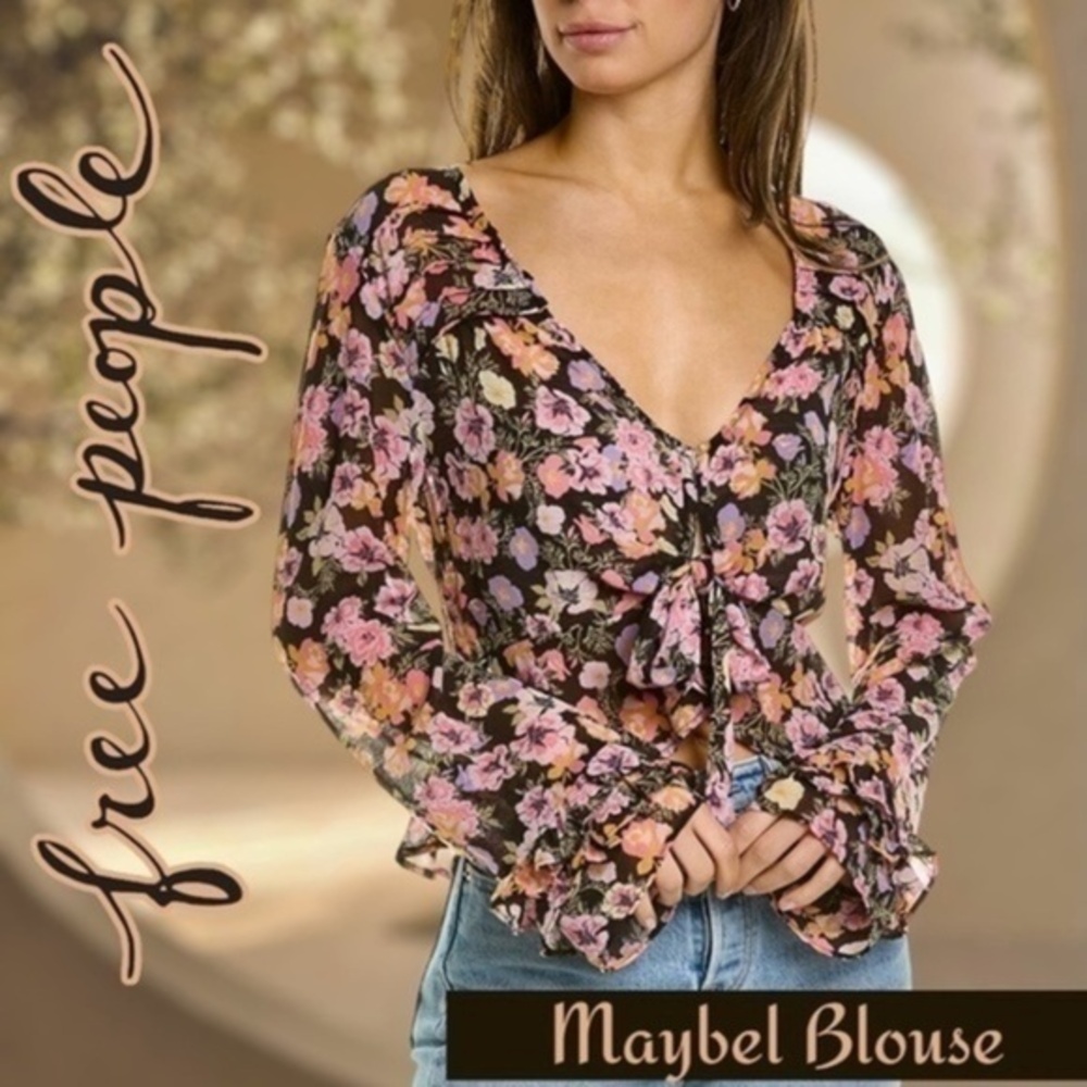 FREE PEOPLE Maybel Tie Front Long Bell Sleeve Semi-Sheer Ruffle Blouse NWT/Lg